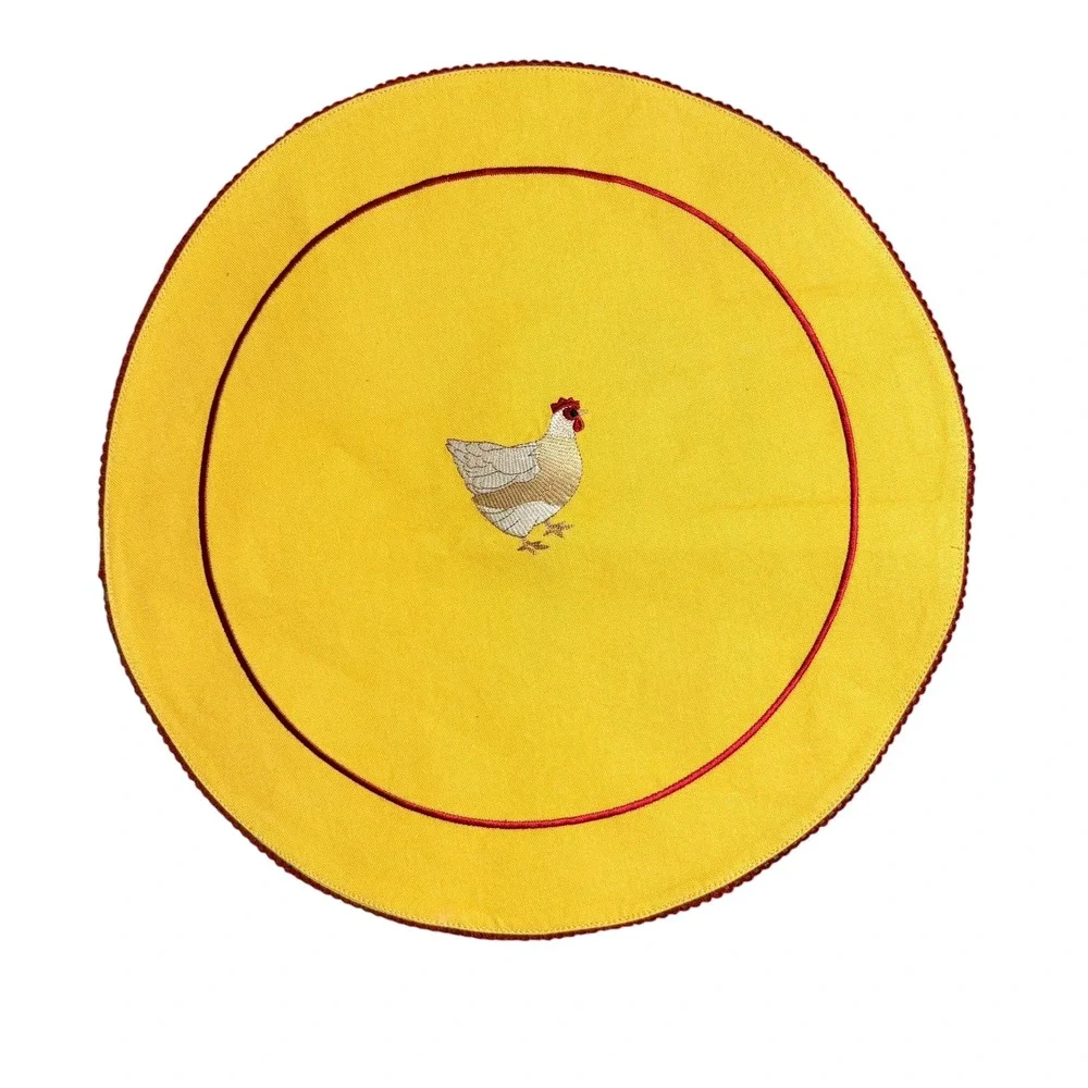 Pomegranate Inc Yellow Embroidered Chicken Round Placemats Set 2 Red Trim 15.5